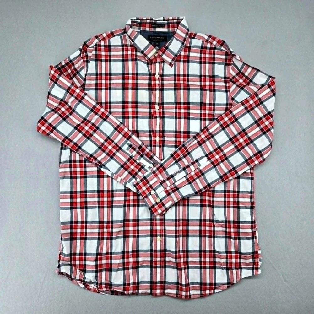 Banana Republic Plaid Untucked Fit Button Down Shirt Red White Blue Cotton XL